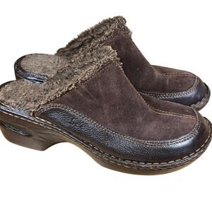 Born BOC Sz 7 Brown Suede  and Leather Faux Fur Slip on Clog Comfort Mule